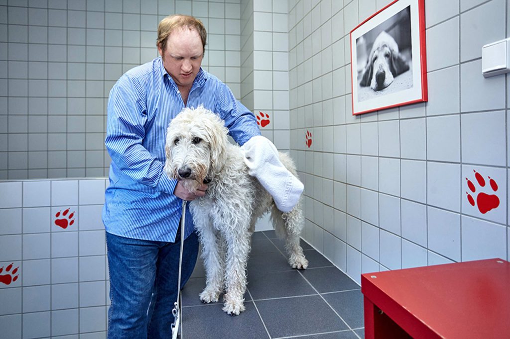 Ein Mann trocknet seinen Hund auf einer Arbeitsbank ab.