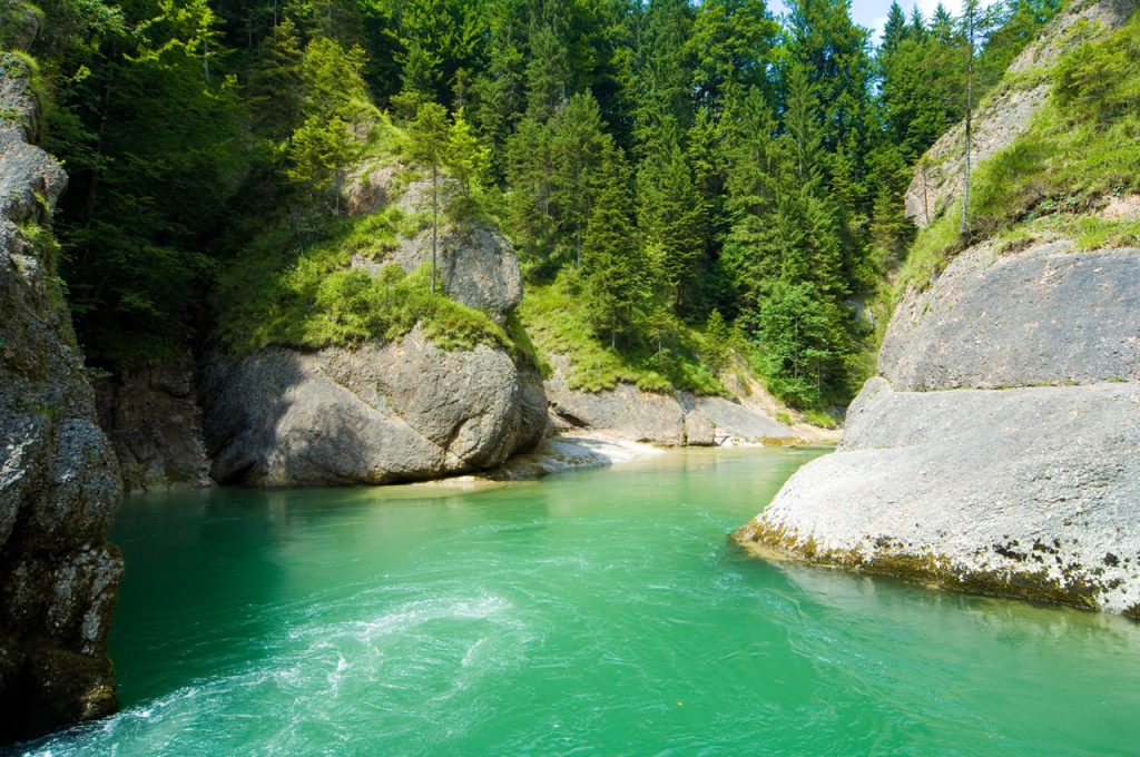 Ein grüner Fluß fließt zwischen großen grauen Steinen und Wald hindurch.